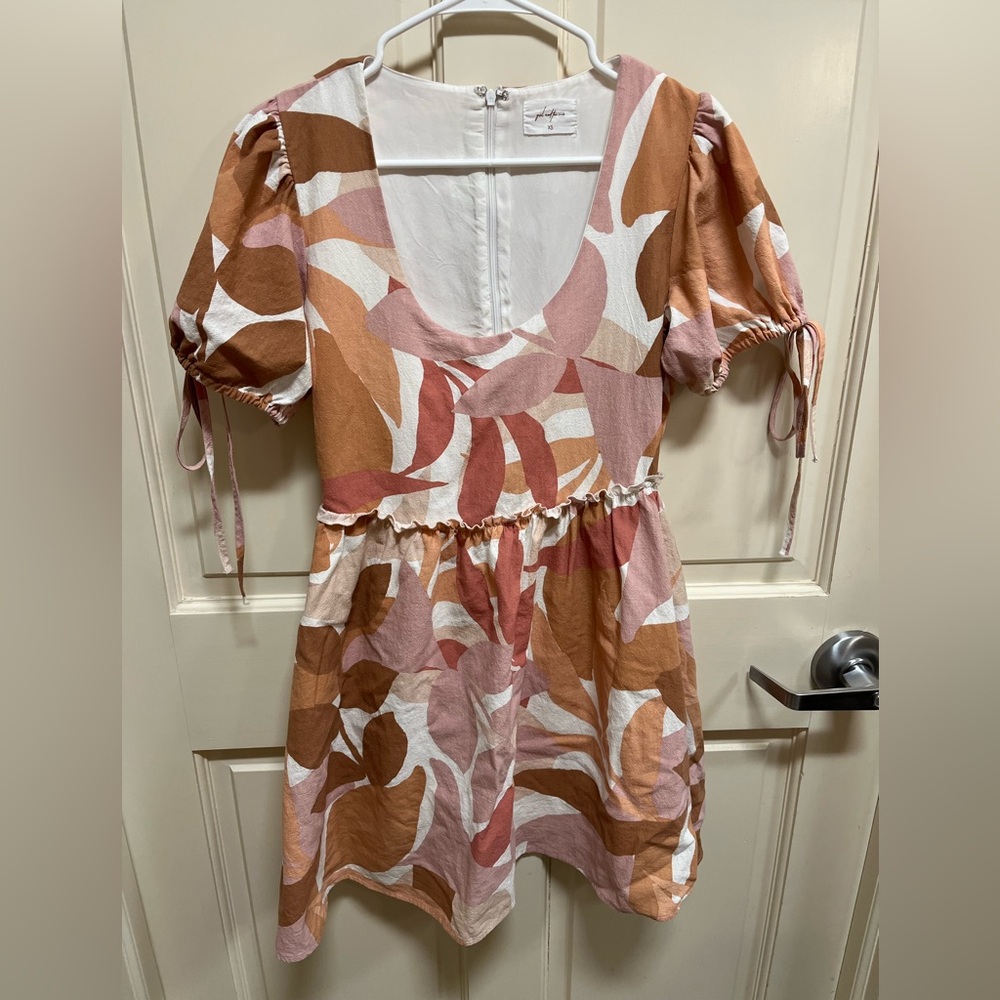 Petal & Pup Pink, White & Brown Abstract Puff-Sleeve Mini Dress